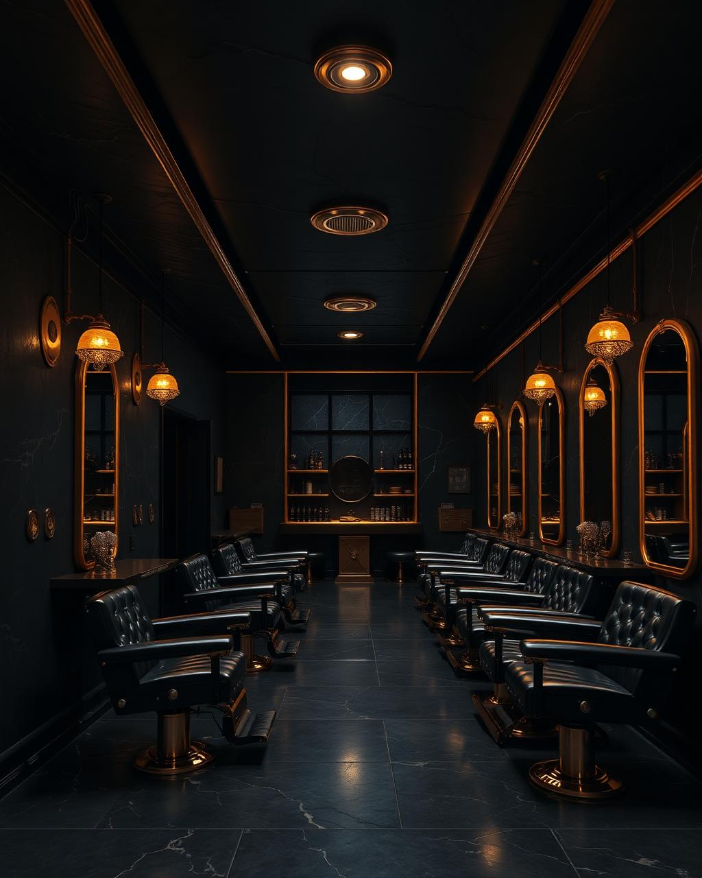 Ambiente escuro e elegante da barbearia