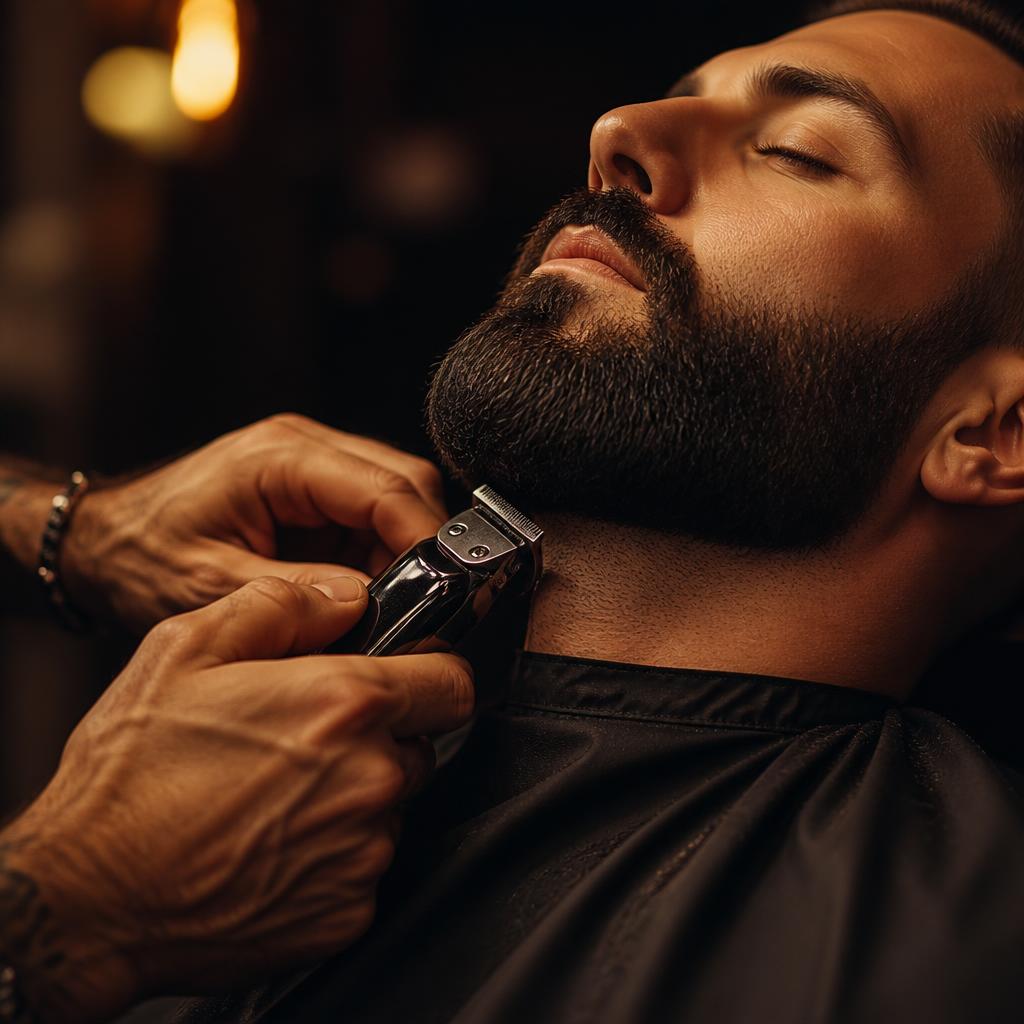 Barbeiro finalizando a barba de um cliente